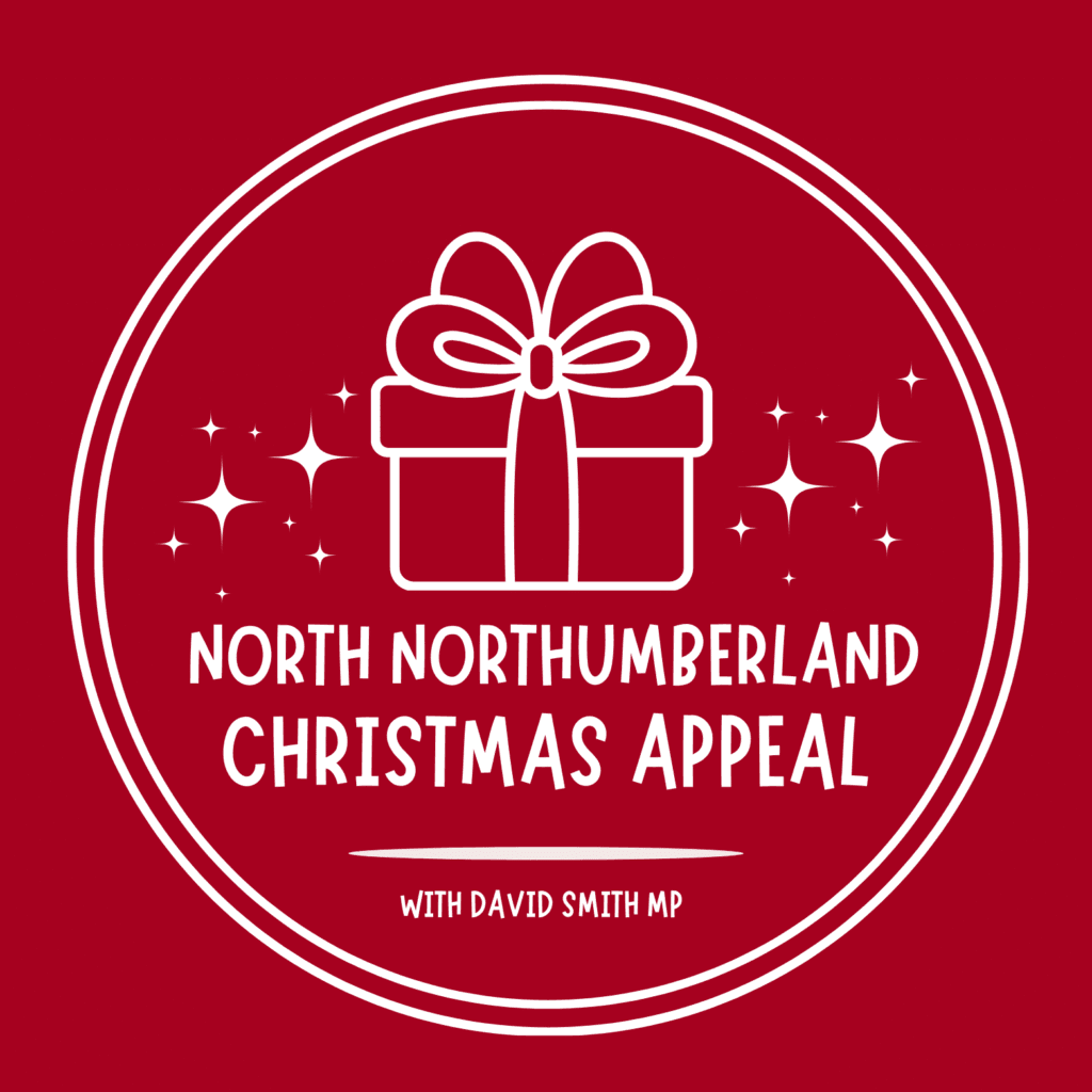 A red and white logo with a present and sparkles. It reads: North Northumberland Christmas Appeal, with David Smith MP, in a cheerful, informal font