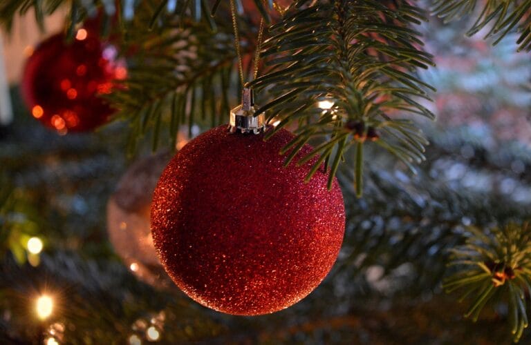Pretty red bauble hanging in the branches of a Christmas tree.